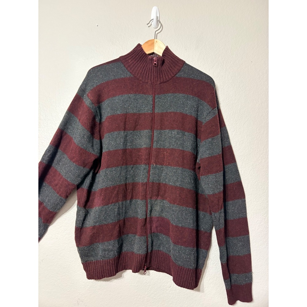 Vintage Gap Mens XXL Burgundy Gray Rugby Striped Silk Wool Full Zip Sweater 2004